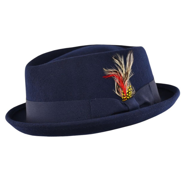The Hat Shop Maz 100% Wool Diamond Crown Pork Pie Navy