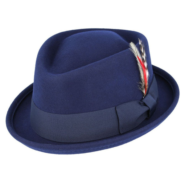 The Hat Shop Maz 100% Wool Diamond Crown Pork Pie Navy