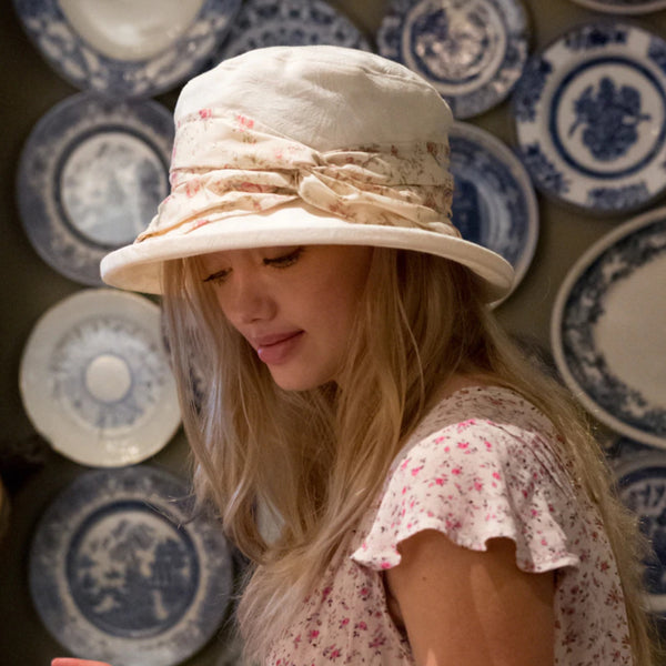 Proppa Toppa Damask Pattern Boned Hat with Floral Sash Cream