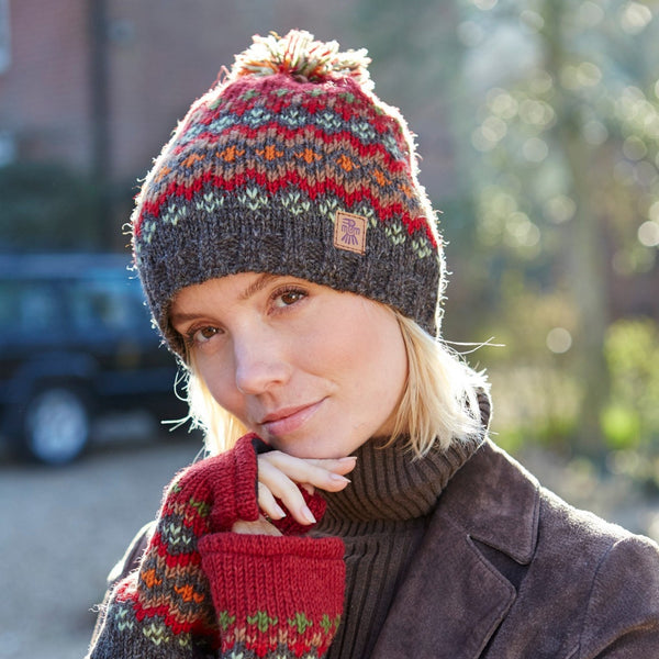 The Hat Shop Pachamama Elgin Wool Bobble Beanie Hat Burgundy