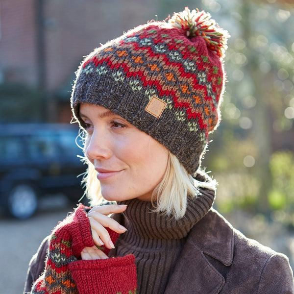 The Hat Shop Pachamama Elgin Wool Bobble Beanie Hat Burgundy