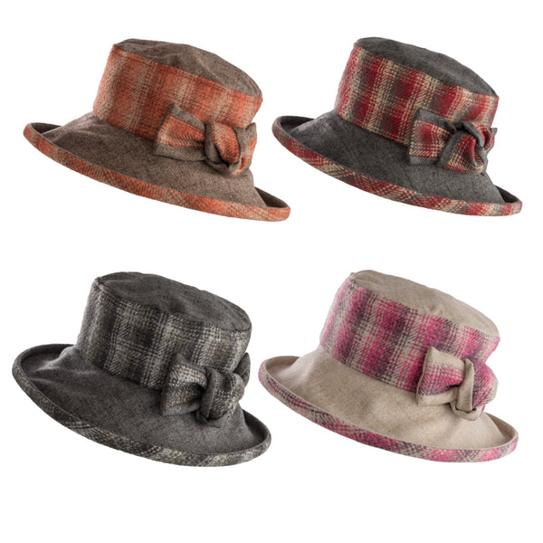 The Hat Shop Proppa Toppa Checked Hat with Boned Brim and Matching Bow Grey