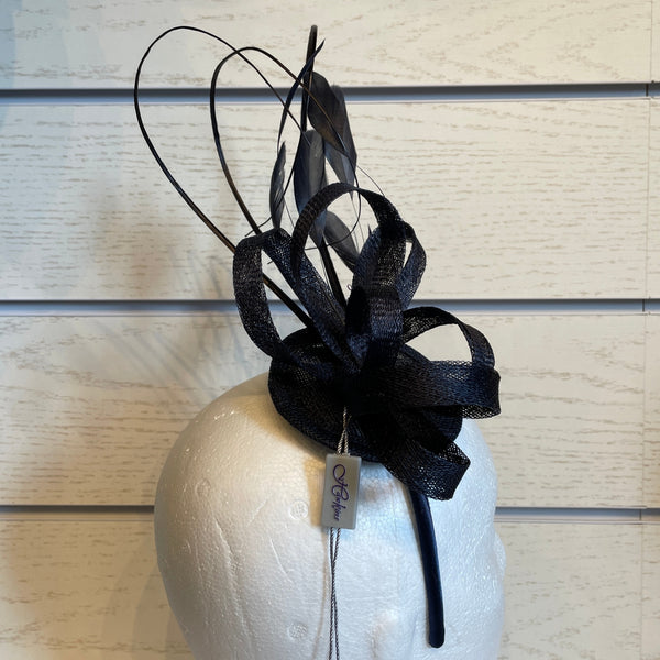 The Hat Shop Sinamay Disc with Double Looped Quill & Feathers Navy