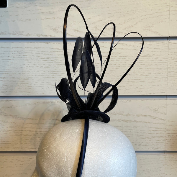 The Hat Shop Sinamay Disc with Double Looped Quill & Feathers Navy