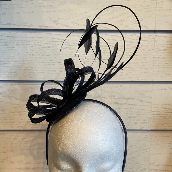 The Hat Shop Sinamay Disc with Double Looped Quill & Feathers Navy