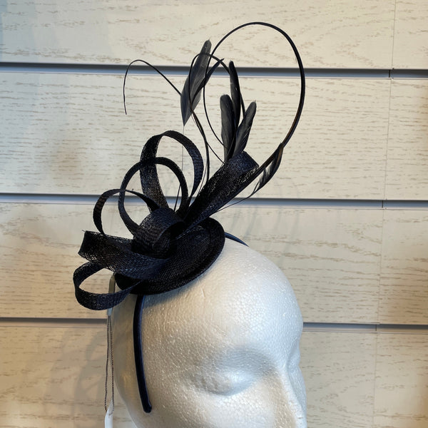 The Hat Shop Sinamay Disc with Double Looped Quill & Feathers Navy