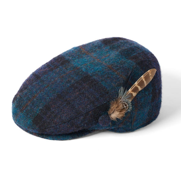 The Hat Shop Failsworth British Wool Tartan Feather Flat Cap Teal