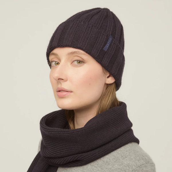 The Hat Shop Tilley Chunky Merino Wool Ribbed Beanie Hat Navy