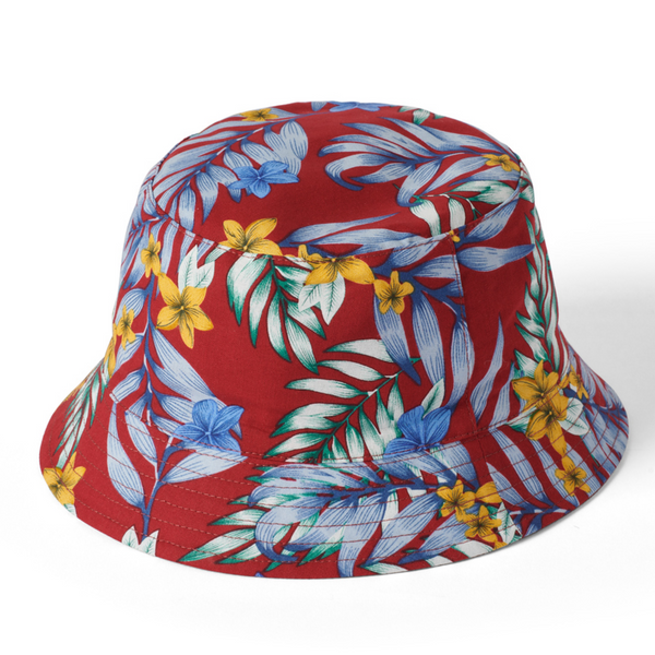Reversible bucket hats one side solid red and one with floral pattern on a white background