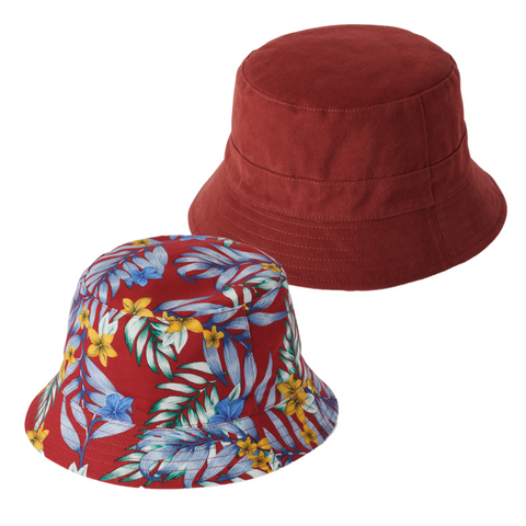 Reversible bucket hats one side solid red and one with floral pattern on a white background