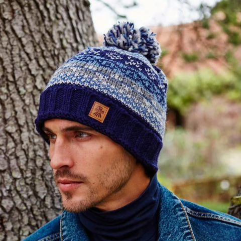 Mens Pachamama Fairisle Bobble Beanie Hat 'Navy'