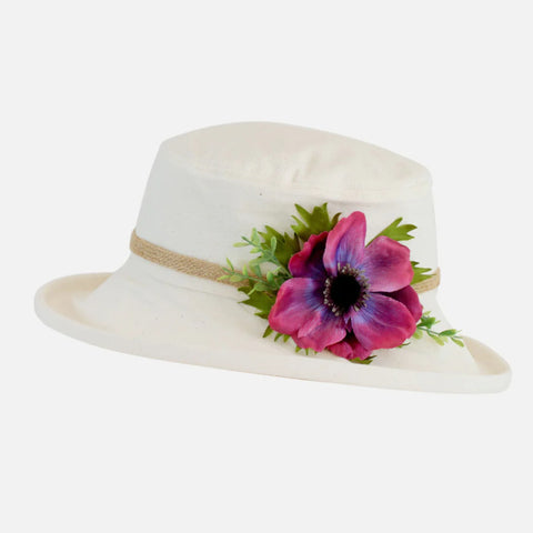 The Hat Shop Ladies Proppa Toppa Cotton Boned Hat with Flower 'Magenta'
