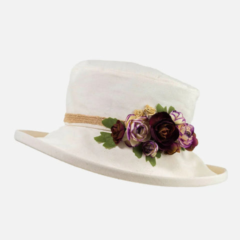 The Hat Shop Ladies Proppa Toppa Boned Hat with Flower 'Purple Mix'