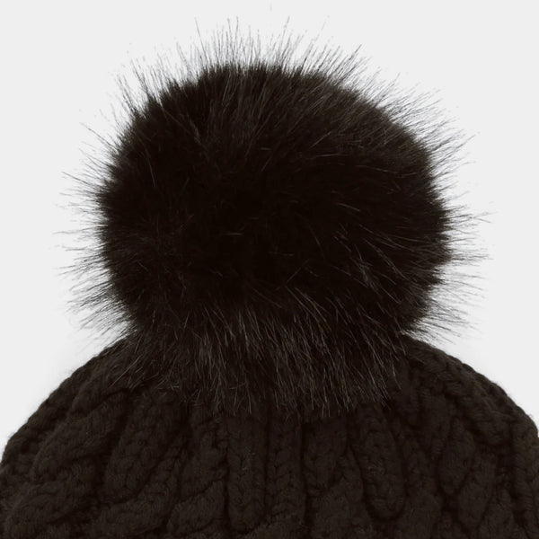 The Hat Shop Tilley Pom Pom Merino Wool Cable Knit Beanie Black