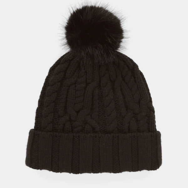 The Hat Shop Tilley Pom Pom Merino Wool Cable Knit Beanie Black
