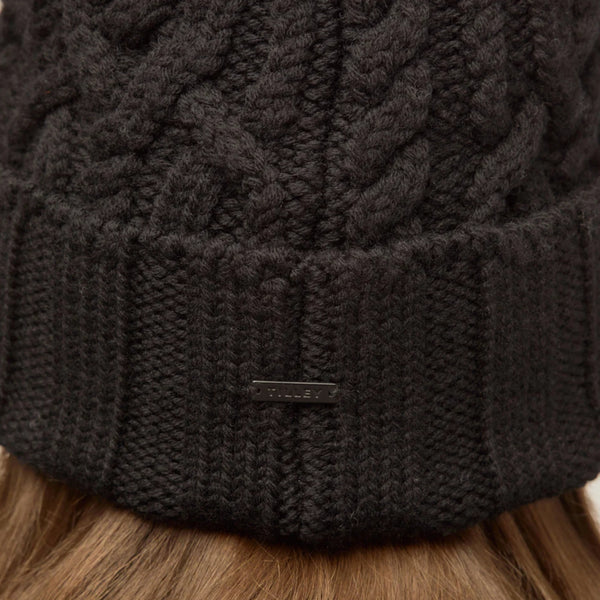 The Hat Shop Tilley Pom Pom Merino Wool Cable Knit Beanie Black