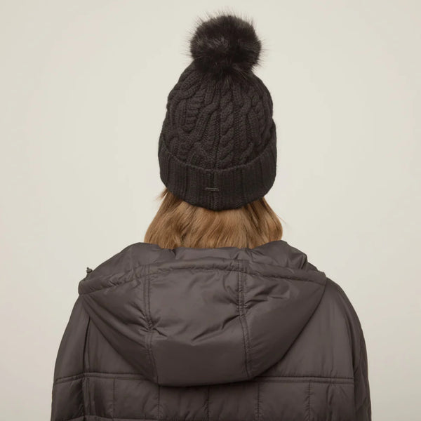 The Hat Shop Tilley Pom Pom Merino Wool Cable Knit Beanie Black
