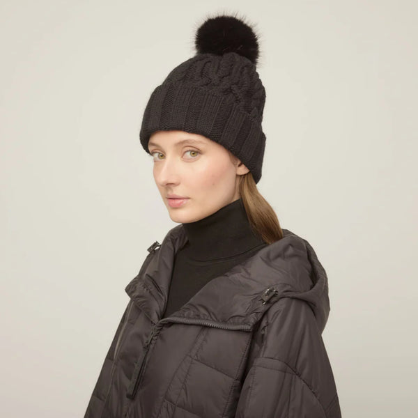 The Hat Shop Tilley Pom Pom Merino Wool Cable Knit Beanie Black