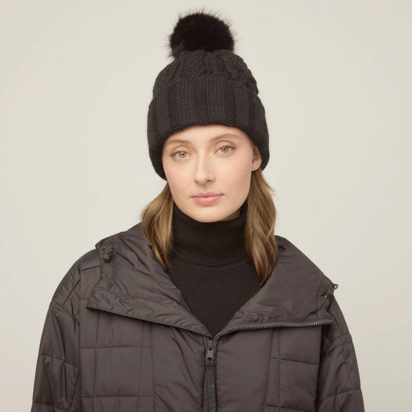 The Hat Shop Tilley Pom Pom Merino Wool Cable Knit Beanie Black