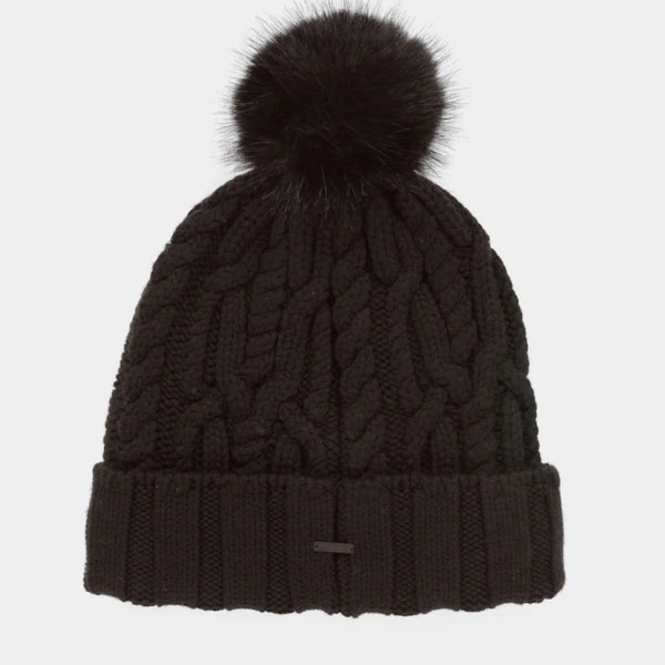 The Hat Shop Tilley Pom Pom Merino Wool Cable Knit Beanie Black