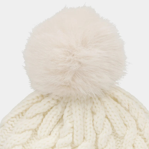 The Hat Shop Tilley Pom Pom Merino Wool Cable Beanie Cream
