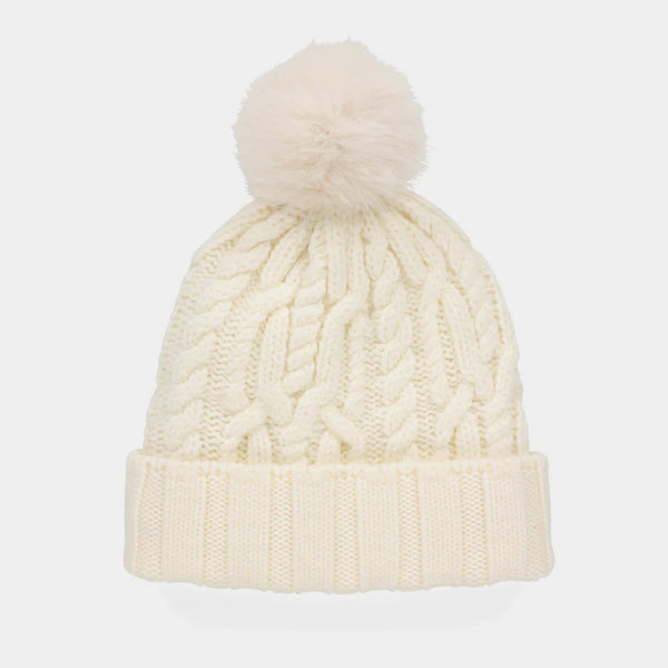 The Hat Shop Tilley Pom Pom Merino Wool Cable Beanie Cream