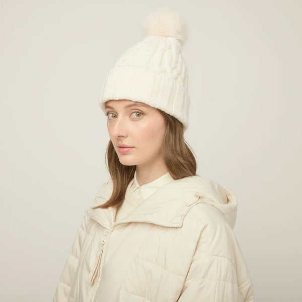 The Hat Shop Tilley Pom Pom Merino Wool Cable Beanie Cream