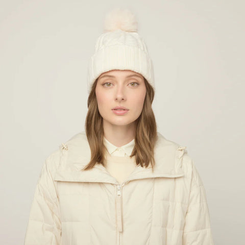 The Hat Shop Tilley Pom Pom Merino Wool Cable Beanie Cream