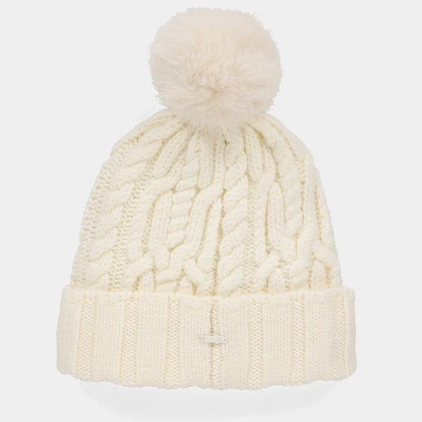 The Hat Shop Tilley Pom Pom Merino Wool Cable Beanie Cream