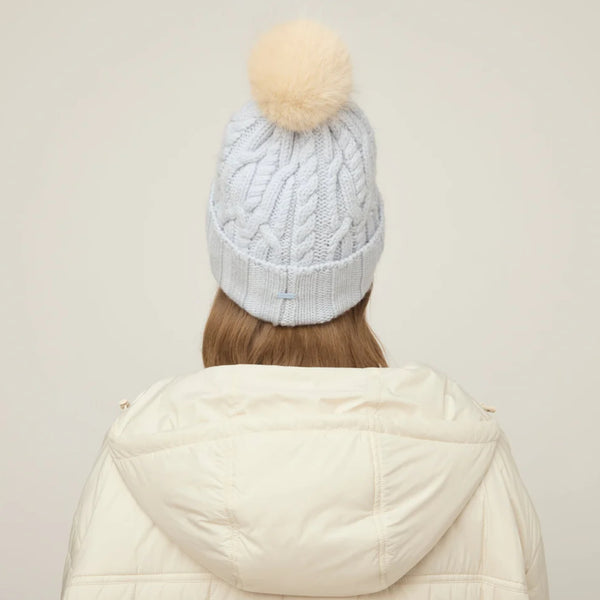 The Hat Shop Tilley Merino Wool Pom Pom Cable Beanie Ice Blue