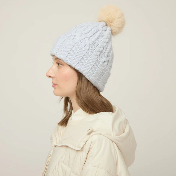 The Hat Shop Tilley Merino Wool Pom Pom Cable Beanie Ice Blue
