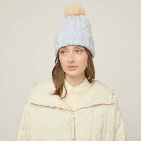 The Hat Shop Tilley Merino Wool Pom Pom Cable Beanie Ice Blue