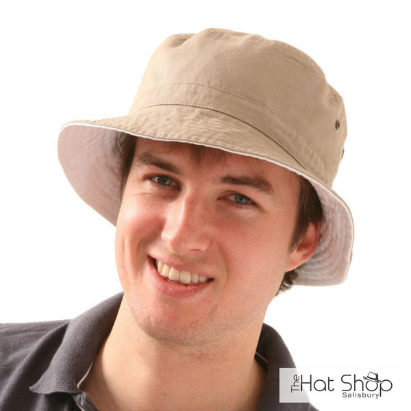 The Hat Shop Reversible 100% Cotton Bucket Hat Beige and White