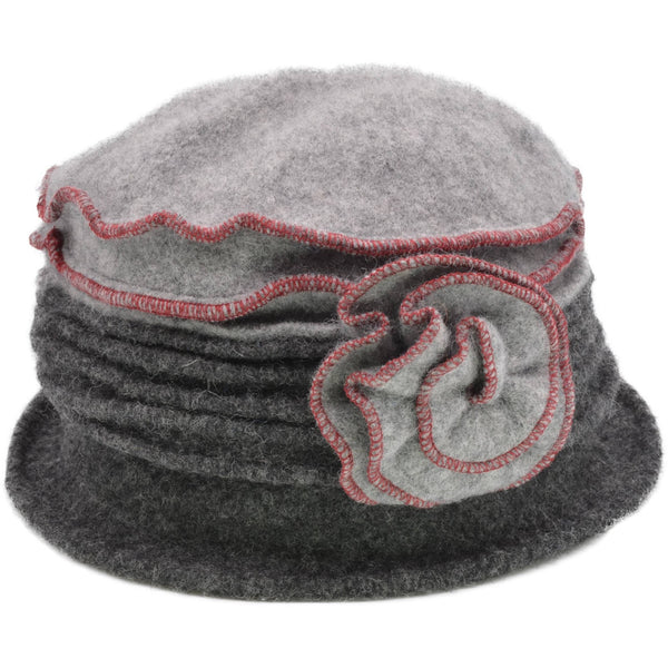 The Hat Shop Maz Ladies 1920's Floral 2 tone Wool Cloche Hat Light Grey Top