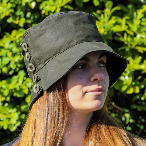 The Hat Shop Olney Ladies Lynda Wax & Buttons Weatherproof Hat Olive