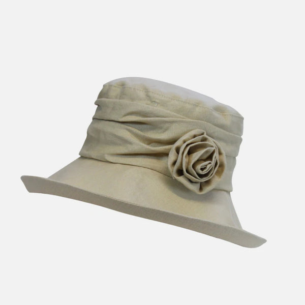 The Hat Shop Proppa Toppa Linen Cloche Hat with Flower Brooch Cream