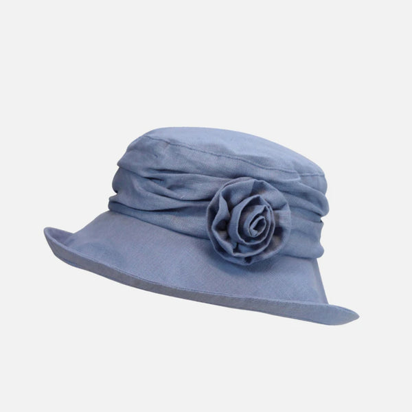 The Hat Shop Proppa Toppa Linen Cloche Hat with Flower Brooch Blue