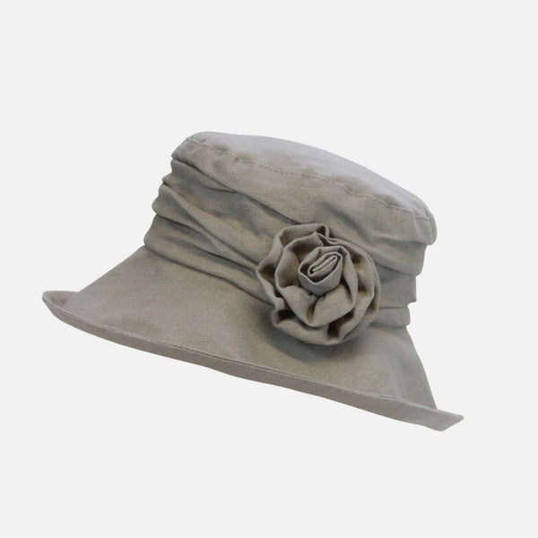 The Hat Shop Proppa Toppa Linen Cloche Hat with Flower Brooch Cool Beige