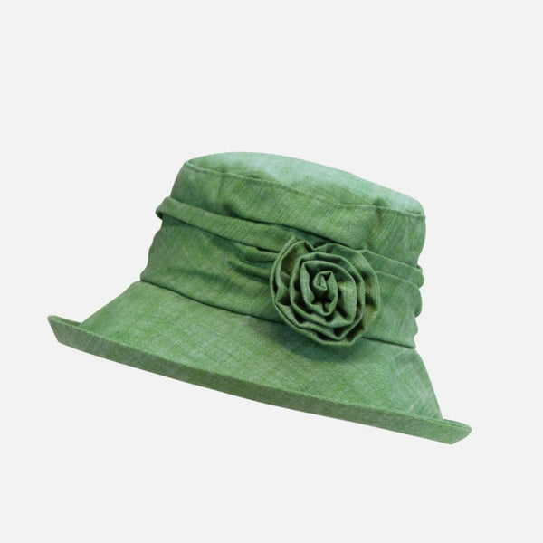 The Hat Shop Proppa Toppa Linen Cloche Hat with Flower Brooch Green