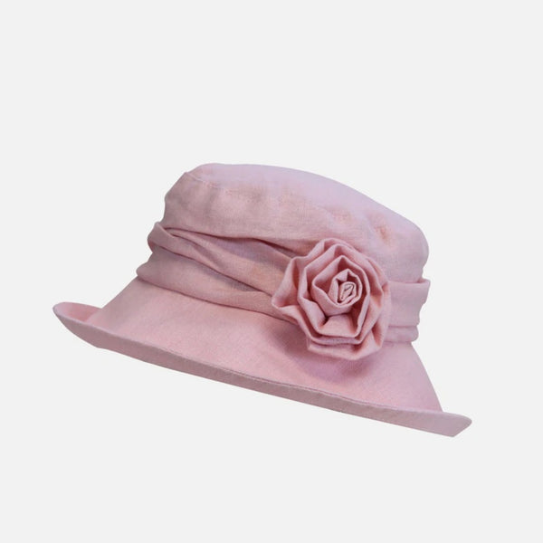 The Hat Shop Proppa Toppa Linen Cloche Hat with Flower Brooch Pink