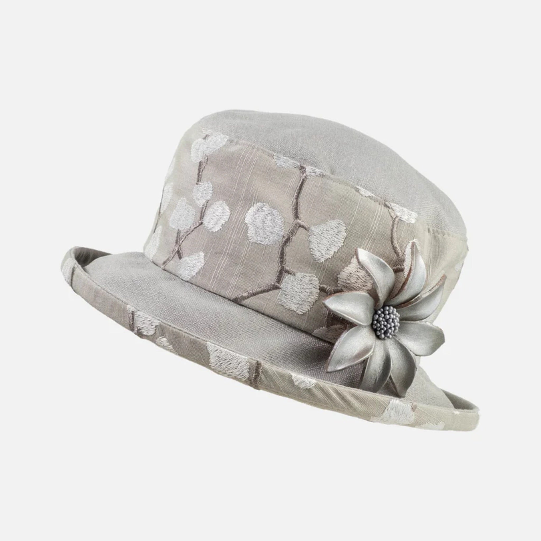 The Hat Shop Proppa Toppa Vintage Fabric Small Boned Brim Hat with Leather Flower