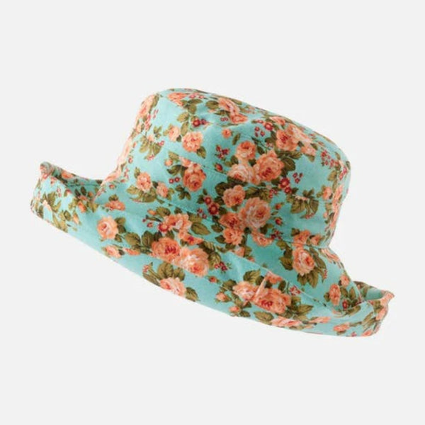 The Hat Shop Proppa Toppa Large Brim Cotton Floral Hat Turquoise