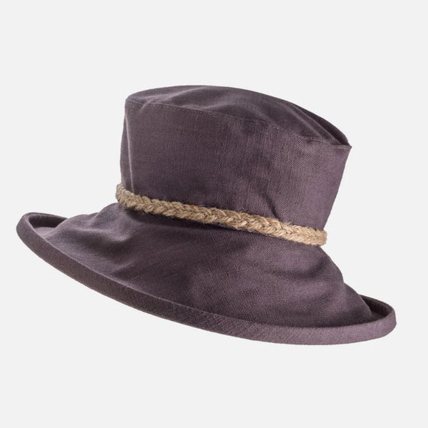 The Hat Shop Proppa Toppa Packable Linen Sun Hat with String Plait Aubergine