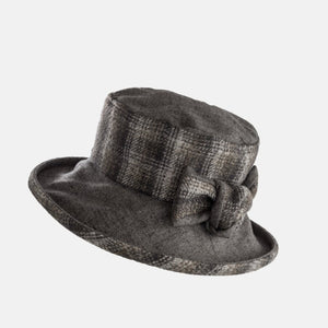 The Hat Shop Proppa Toppa Checked Hat with Boned Brim and Matching Bow Grey