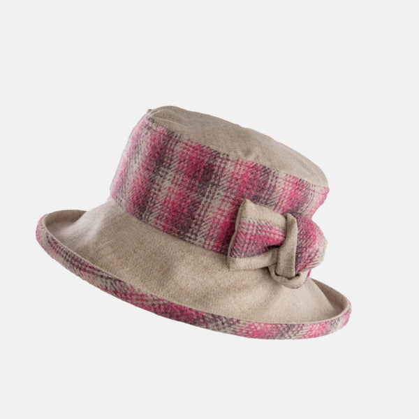 The Hat Shop Proppa Toppa Checked Hat with Boned Brim and Matching Bow Pink