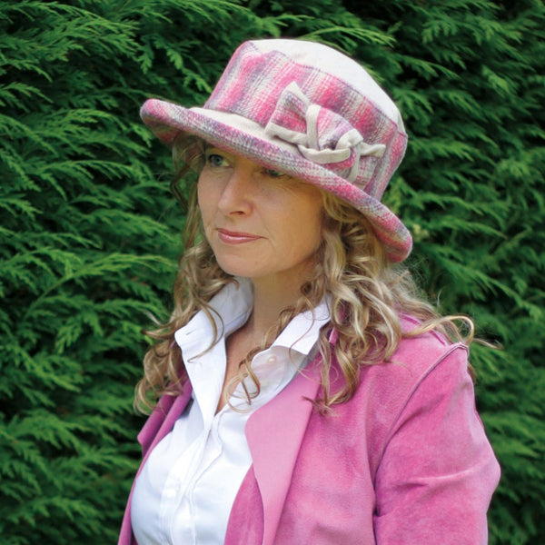 The Hat Shop Proppa Toppa Checked Hat with Boned Brim and Matching Bow Pink