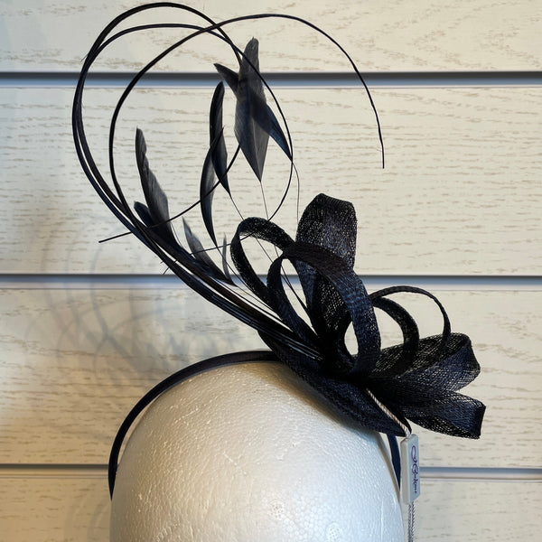 The Hat Shop Sinamay Disc with Double Looped Quill & Feathers Navy