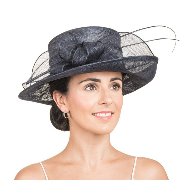 Short brim sinamay hat with flower & looped quill detail Navy