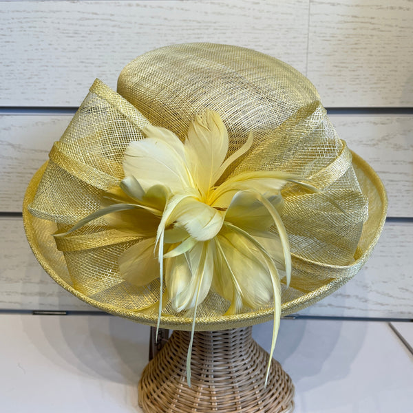 Wide Brim Sinamay Hat With Sinamay Bow & Feather Lemon