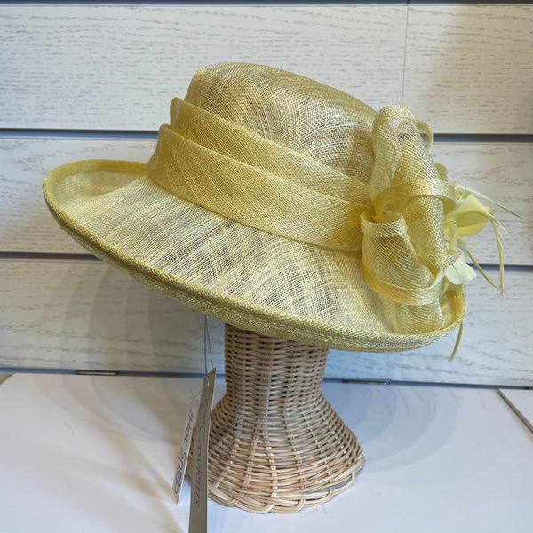 Wide Brim Sinamay Hat With Sinamay Bow & Feather Lemon